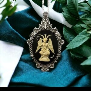 Occult Baphomet Victorian Necklace - Cream  Black  Silver Pendant